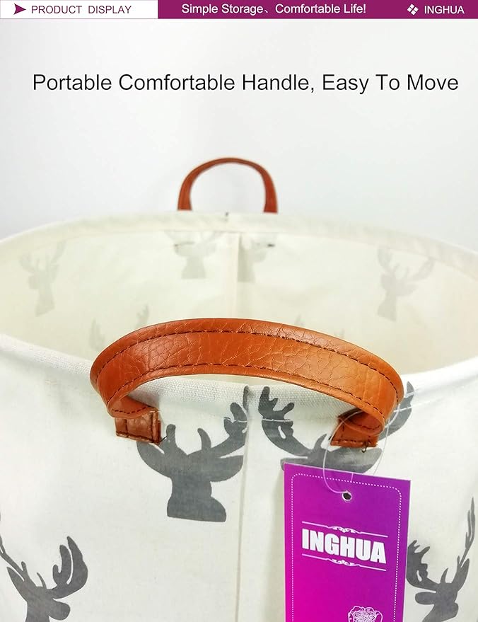 Laundry Hamper Large Canvas Fabric Lightweight Storage Basket/Toy Organizer/Dirty Clothes Collapsible Waterproof for College Dorms, Boys and Girls Bedroom,Bathroom(grey deer)