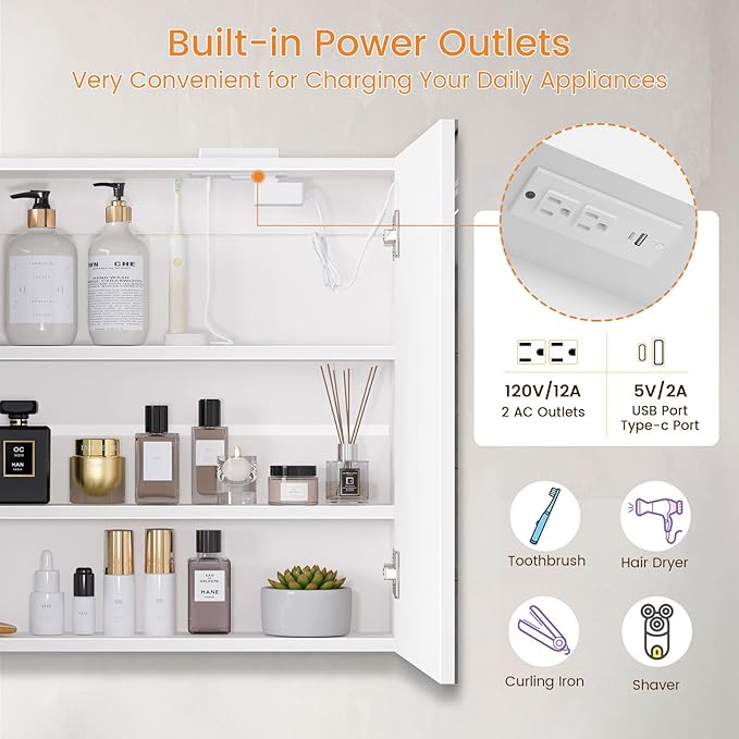 Snughome Bathroom Medicine Cabinet with Mirror & LED Lights, Wall Mount Bathroom Mirror with Storage, Built-in Power Outlets, Dimmable 3 Color Temp, Anti Rust Easy to Install, 31.5" x 23.6"