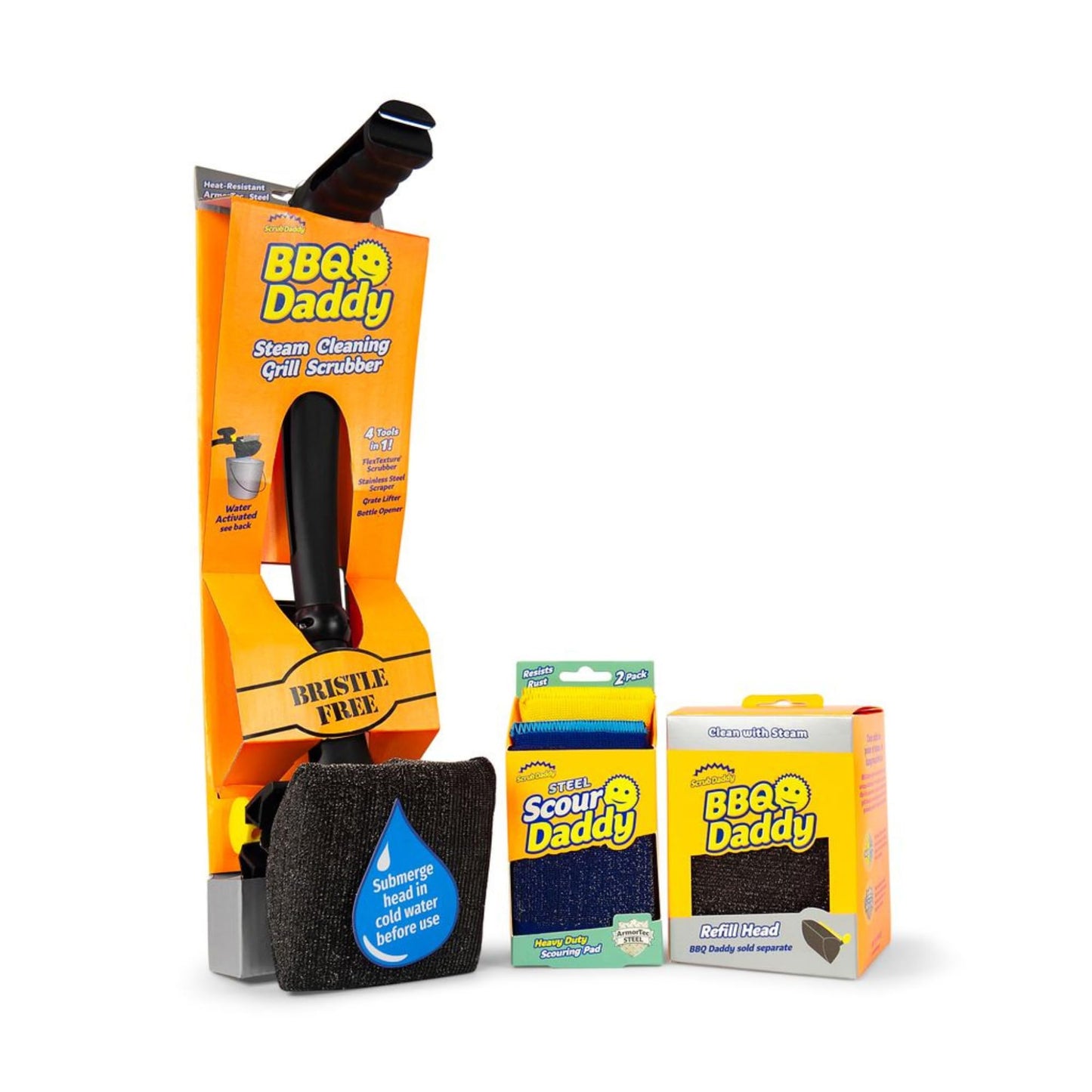 Scrub Daddy BBQ Daddy Grill Cleaner Kit - Bristle Free Grill Brush with Refill + 2 Steel Scour Daddy Grill Sponges - Built-in Grill Scraper - Temperature Controlled Grill Cleaning Tools (4 Count)