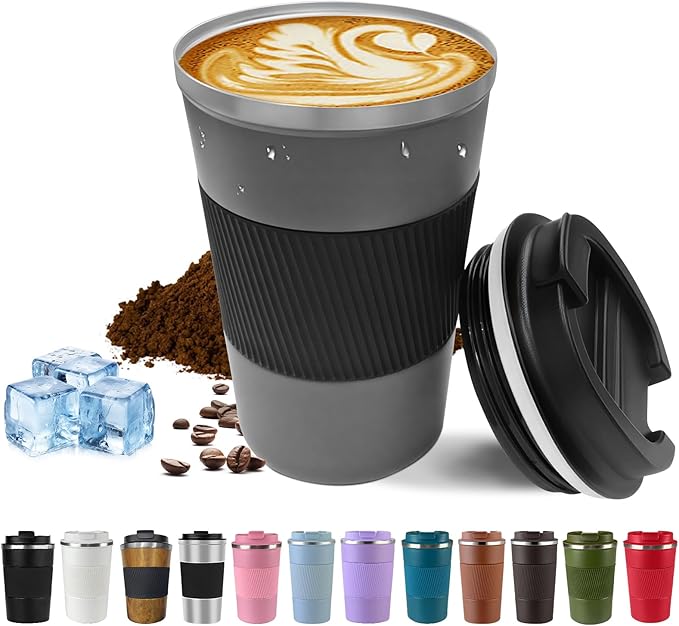 Vacuum-Insulated Stainless Steel Travel Coffee Mug, Leak-Proof Reusable Coffee Cup with Lid-Keeps Drinks Hot & Cold for Hours, Durable Double Wall Tumbler for Men & Women (3rd-Grey, 12OZ)