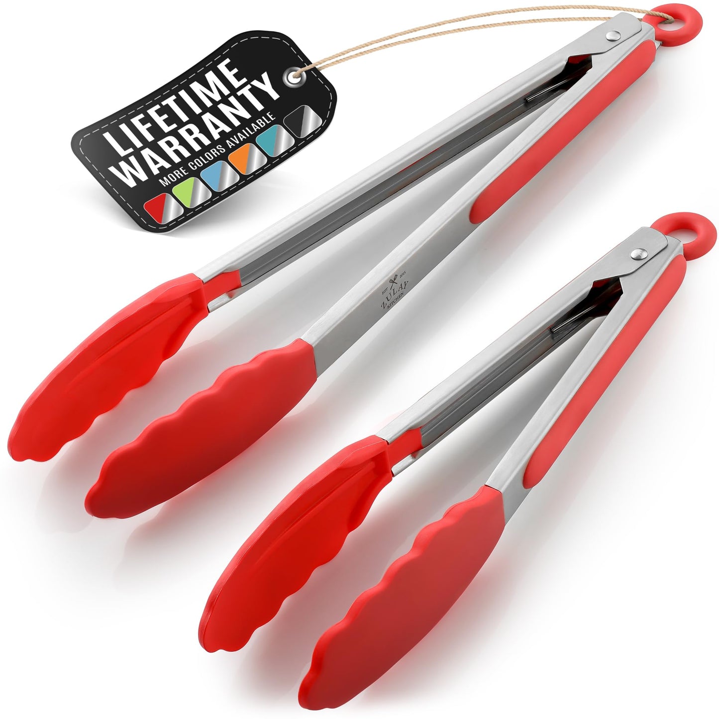 Zulay Stainless Steel Kitchen Tongs with Silicone Tips - Set of 2 (9” & 12”) Locking Cooking Tongs with Non-Slip Grip - Heat Resistant, BBQ Food Tongs for Non-Stick Cooking Pans (Silver/Soft Red)