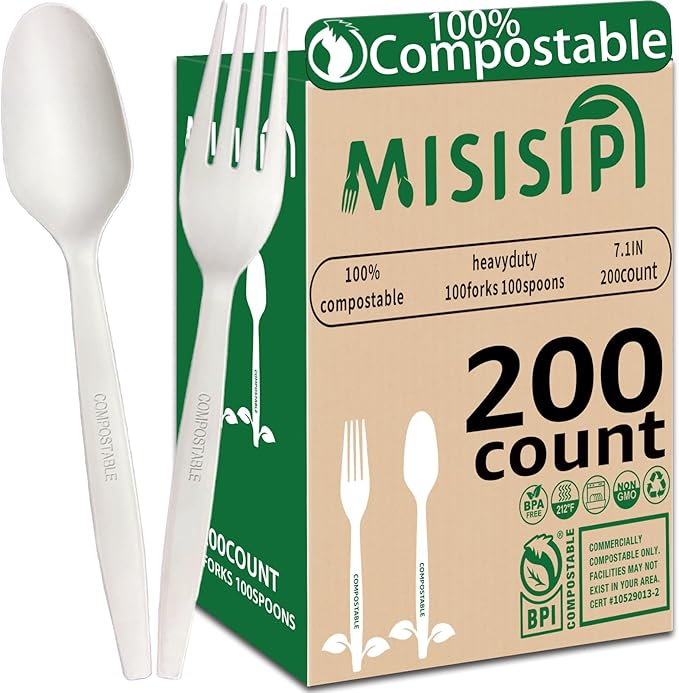 MISISIPI [7.1In 200Pcs] 100% Compostable Forks Biodegradable Forks HeavyDuty No Plastic Forks Eco-friendly HeavyWeight Disposable Forks Tableware Set for Lounge,Party,BBQ,Cafeteria,Wedding,Picnic
