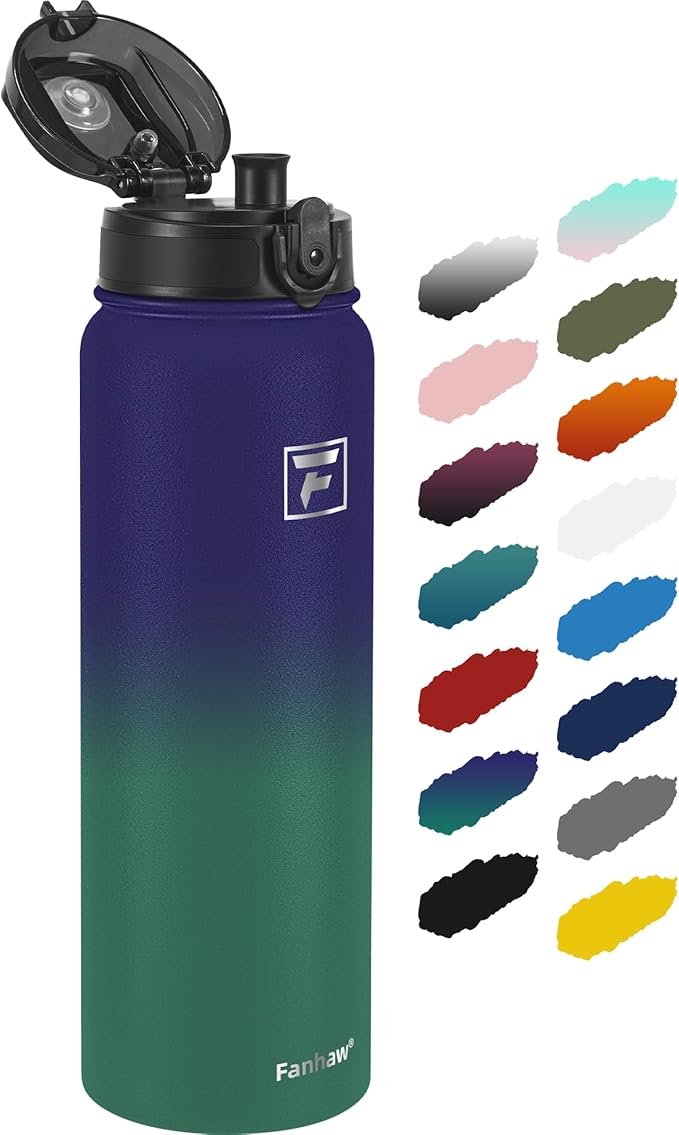 Fanhaw 32 Oz Insulated Stainless Steel Vacuum Water Bottle with Anti-Dust Pop-Open Lid - For Kids, Women, Men | Leak & Sweat Proof (Purple Green)