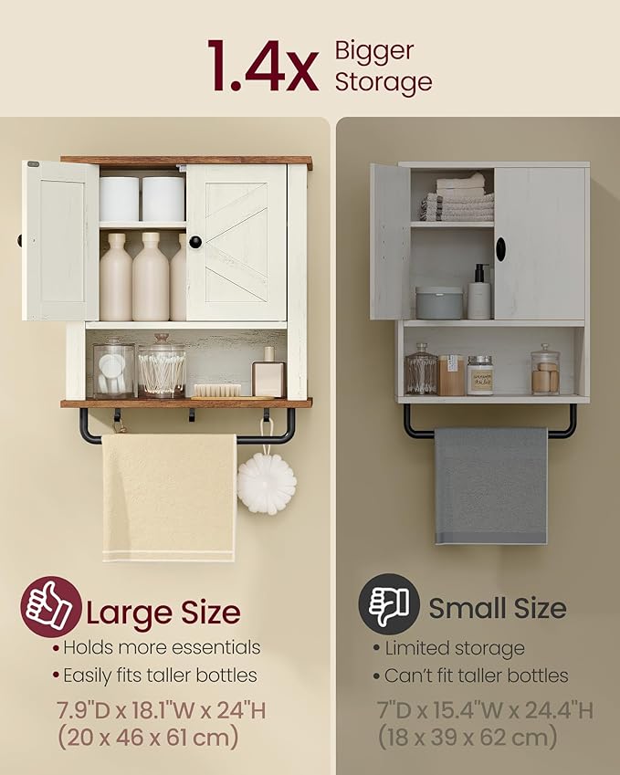 VASAGLE LIRY Collection - Bathroom Wall Cabinet, Farmhouse Wall-Mounted Medicine Storage Cabinet with 2 Barn Doors, Adjustable Shelf, Towel Bar, 7.9 x 18.1 x 24 Inches, Rustic White UBBK132W01S