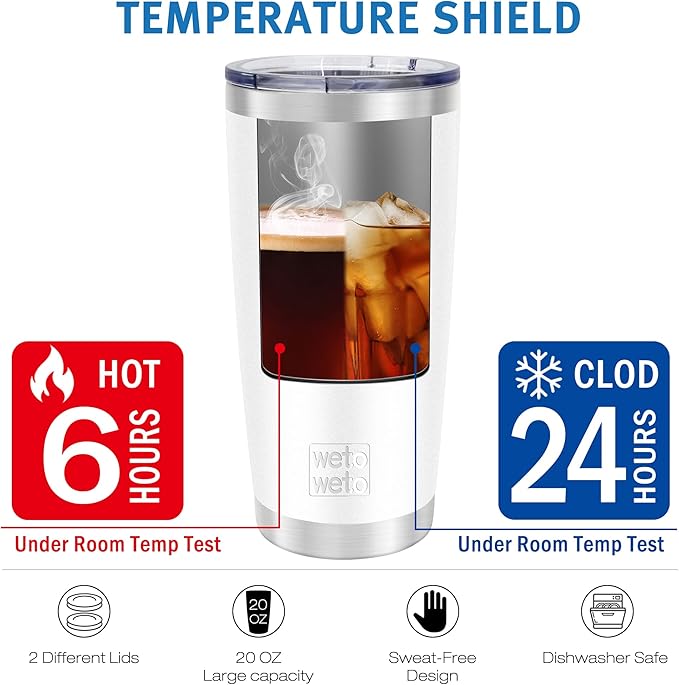 WETOWETO 20oz Tumbler with 2 lids and 2 straws, Stainless Steel Vacuum Insulated Water Coffee Tumbler Cup, Powder Coated Spill-Proof Travel Mug Thermal Cup for Hot and Cold Drinks(White, 1 Pack)