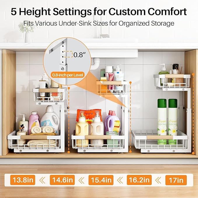 2 Pack Under Sink Organizer,Adjustable Height,2 Tier Pull Out Under Cabinet Organizer,Slide Out Thickened Metal Under Sink Storage for Kitchen Bathroom Cabinet Pantry