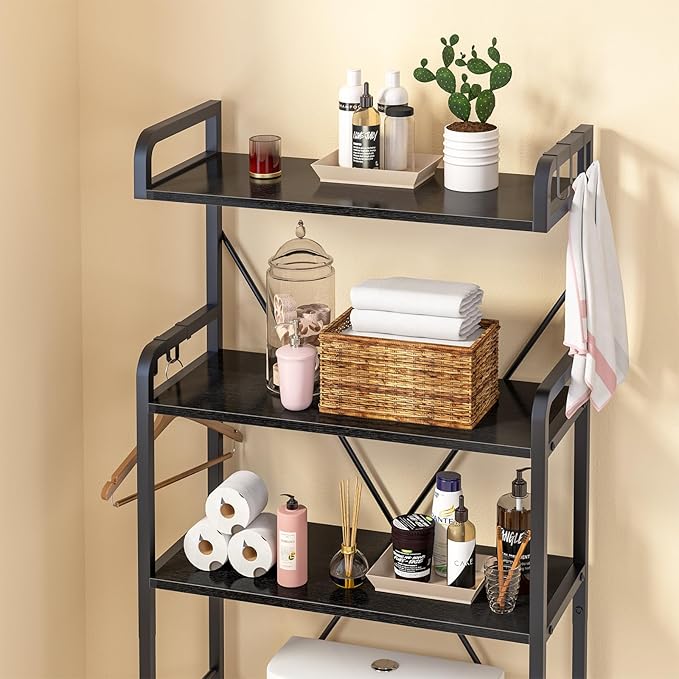 Over-The-Toilet Storage Rack with 3-Tier Shelves, Space Saver Toilet Shelf, Bathroom Storage Organizer with Hooks for Over-Toilet Storage (Black)