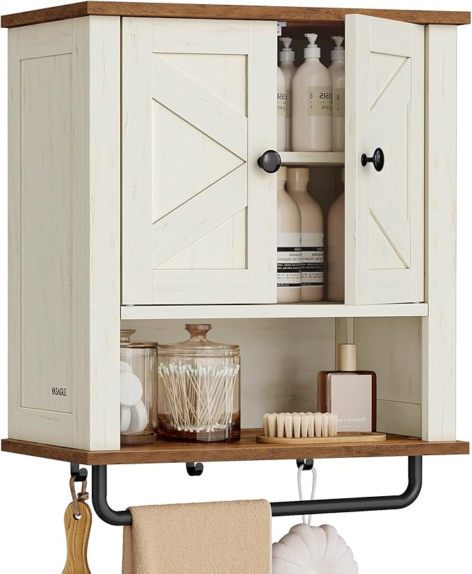 VASAGLE LIRY Collection - Bathroom Wall Cabinet, Farmhouse Wall-Mounted Medicine Storage Cabinet with 2 Barn Doors, Adjustable Shelf, Towel Bar, 7.9 x 18.1 x 24 Inches, Rustic White UBBK132W01S