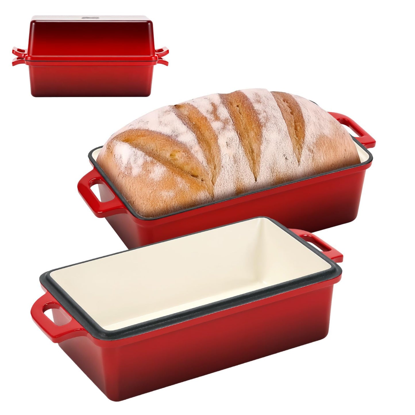 Northriver Casting Enameled Cast Iron Loaf Pan with Lid, Best Bread Oven, Bread Loaf Pans for Baking Homemade Sourdough Bread 9x5, 2 Piece set, Flame