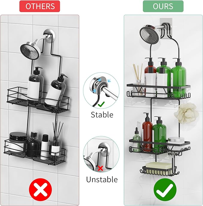 Shower Caddy Hanging, Anti-Swing Over Head Shower Caddy, Rustproof Bathroom Organizer with Soap Holder & Hooks