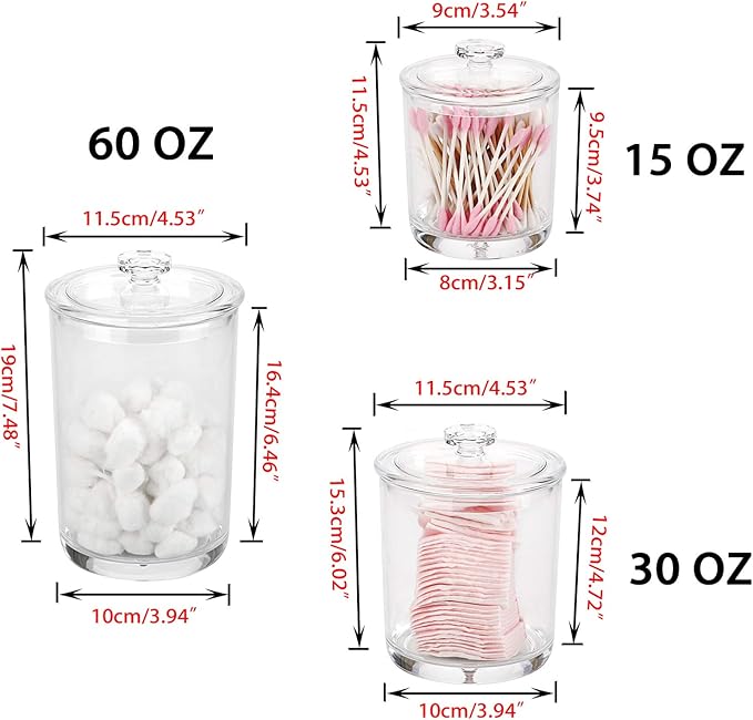 Hipiwe Clear Plastic Apothecary Jars with Lid, Large Size Bathroom Storage Canister Jar Cotton Ball and Swab Organizer Q-Tips Holder, 60-Ounce, 30-Ounce and 15-Ounce, Set of 3