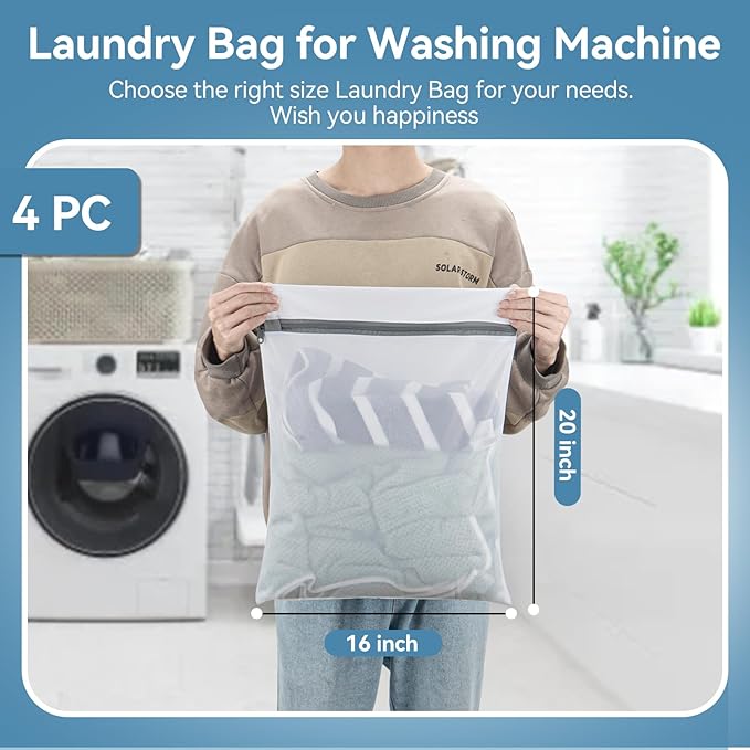 Laundry Bags Mesh Wash Bags,16"×20" Mesh Laundry Bags for Delicates, Laundry Bag for Delicates,Garment Bag for Washing Machine (Large,4 Pack)