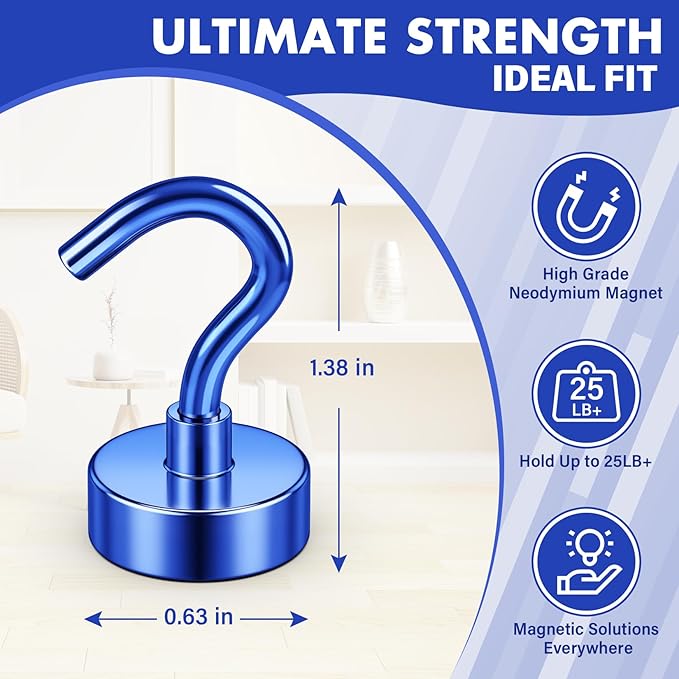 Magnetic Hooks, 25lb Heavy Duty Magnets with Hook, Strong Magnetic Hook Heay Duty for Cruise Cabins, Grill, Classroom, Garage, Household Essentials (Blue, Pack of 8)