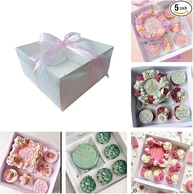 STVIRPOW 5-Pack Cupcake Box Combo with Full Clear Lid and 1.2 wide ribbon1 Small Cake and 5 Cupcakes Storage Container, Ribbon and Stickers for Birthday Party, Mother's Day(Pink ribbon)