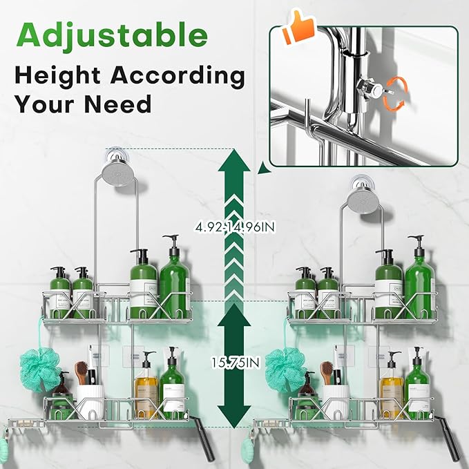 Stainless Steel Shower Caddy Hanging for Handheld Shower Heads,Rustproof Hose Shower Organizer Adjustable Length Shower Rack with 24 Hooks,Razor Holder,Soap Holder