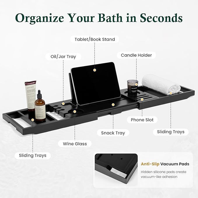 Bamboo Bathtub Tray Caddy - Splash-Proof Adjustable (28.5-40") with Wine Holder, Tablet Stand & Non-Slip Grip | Spa-Grade Organizer for Bath Essentials & Reading- Black