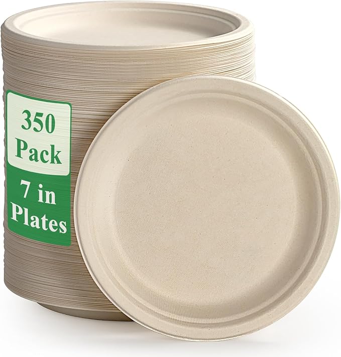 Vplus 350 Pack Compostable Bagasse Paper Plates 6.9 inch, Nature