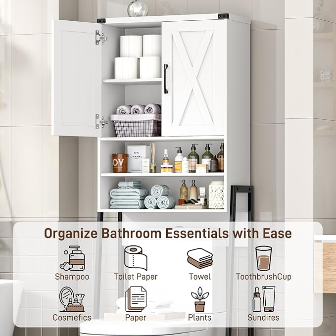 Vabches Over The Toilet Storage Cabinet, Farmhouse Over Toilet Storage Cabinet, Metal Frame with 2 Barn Doors, Home Space-Saving Toilet Rack for Bathroom, Toilet, Laundry Room