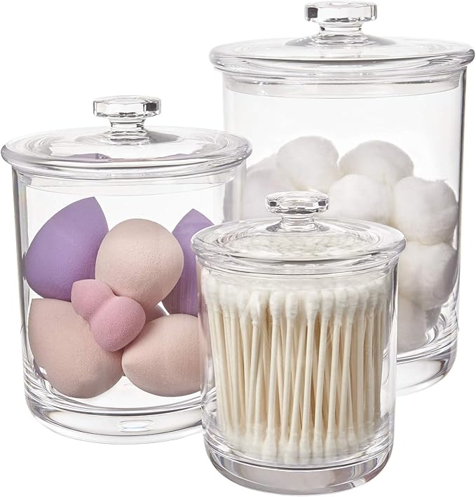STORi 3-Pack Premium Quality Clear Plastic Qtip and Cotton Ball Holders, 15-oz, 30-oz, and 60-oz Apothecary Jars with Lids, Perfect Containers for Bathroom and Vanity, Set of 3