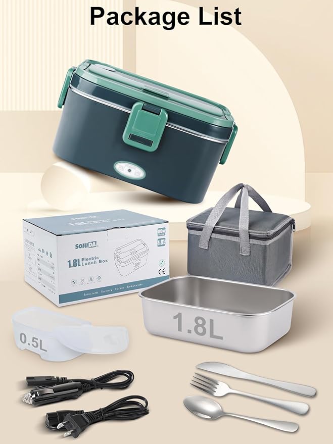 1.8L Heated Lunch Box, 80W Electric Lunch Box with Long-handled Utensils for Adults, 12V/24V/110V Lonchera Eléctrica Portátil, Portable Food Warmer for Car/Truck/Office (Blue-Green)