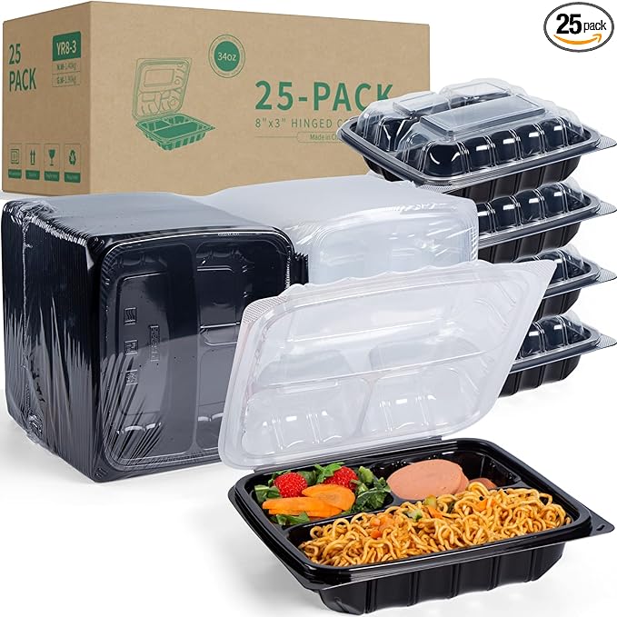 YANGRUI 25 Pack 34oz 8" 3-Compartment Togo Container Shrink-Wrapped No Wash