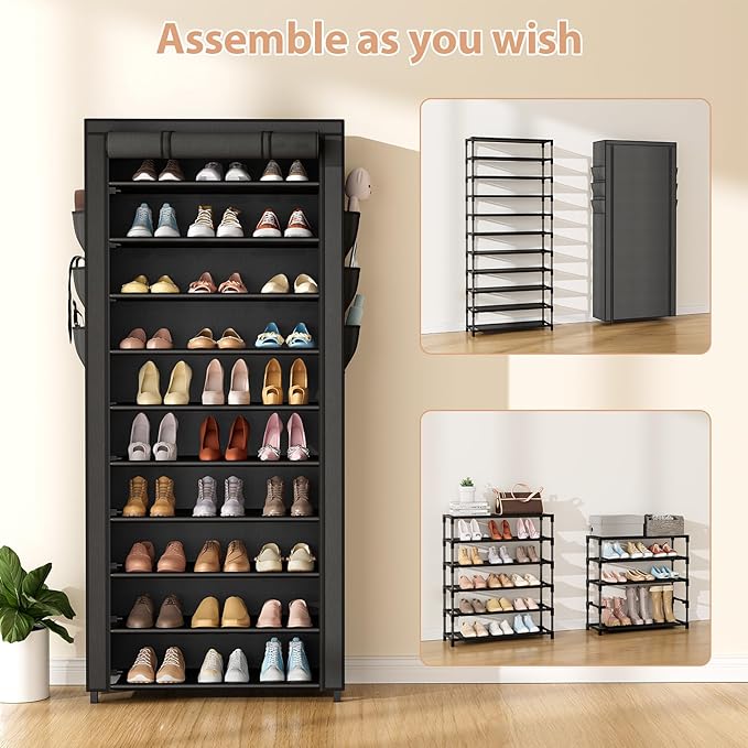 VTRIN Vertical Narrow Shoe Rack Organizer Tall Shoe Rack for Closet Entryway 10 Tier Non-Woven Cover Shoe Shelf Holds 36-41 Pairs Free Standing Shoe Storage Cabinet with Dustproof Cover, Black
