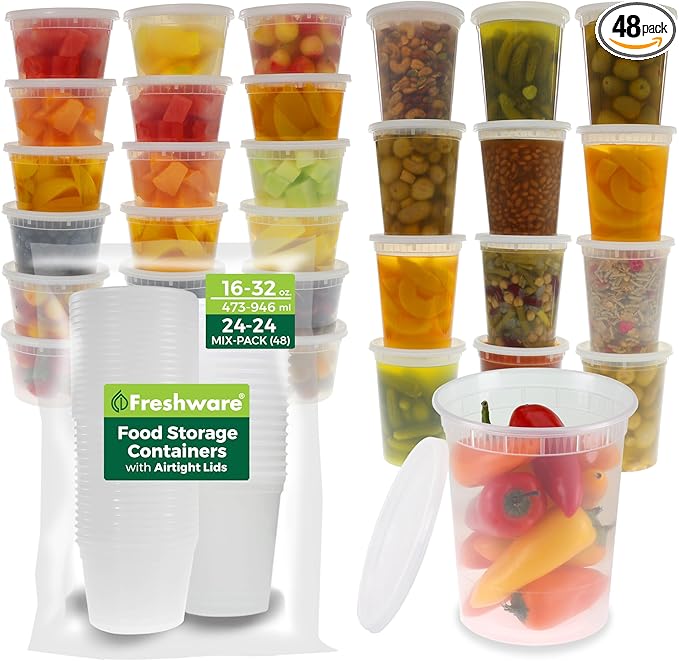 Freshware Food Storage Containers [24 Set] 32 oz Plastic Deli Containers with Lids, Slime, Soup, Meal Prep Containers | BPA Free | Stackable | Leakproof | Microwave/Dishwasher/Freezer Safe