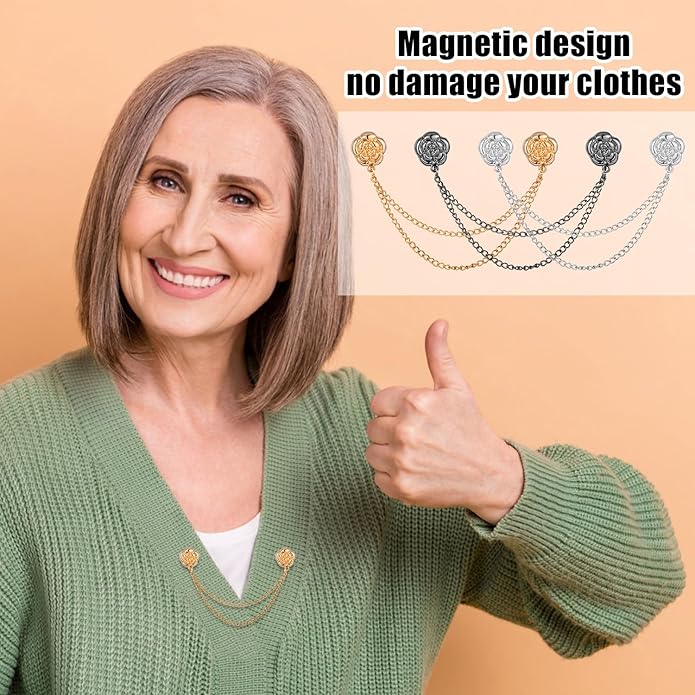 6pcs Magnetic Clothing Clips with Chain, Multi-Function Magnet Button Pins Hijab Cuff Clips for Fixing Hem of Clothes Long Pants Legs Sleeves of Shirts