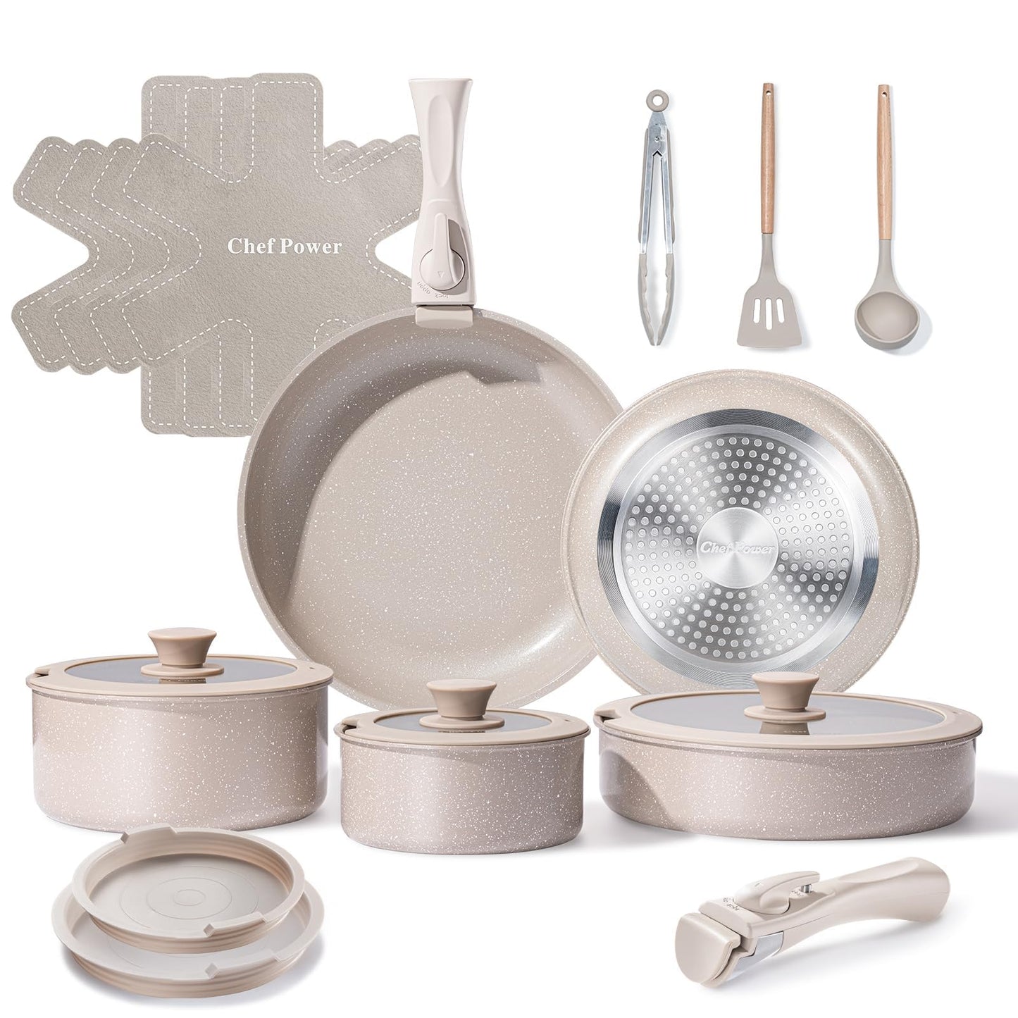 Chef Power Ceramic Cookware Set, 19 PCS Detachable Non Stick Pots and Pans