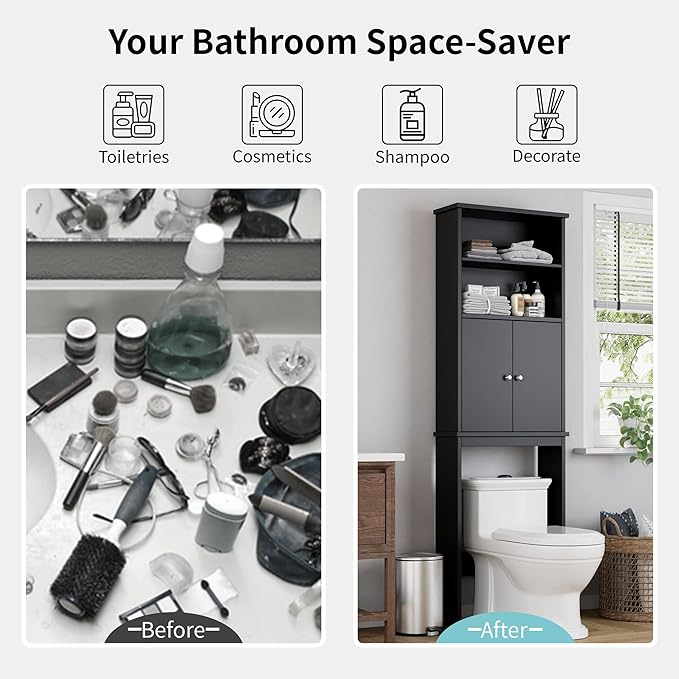 Shintenchi Over The Toilet Storage Cabinet, Bathroom Above The Toilet Rack, Bathroom Adjustable Shelf Organizer with Open Bottom Bar and Anti-Tip Device, Black