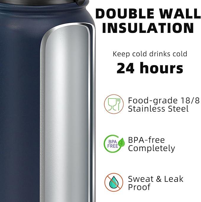 Fanhaw 24 oz Insulated Stainless Steel Water Bottle with Anti-Dust Chug Lid, Leakproof Vacuum Metal Bottle for Kids, Women & Men (Navy Blue)