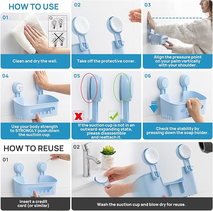 LEVERLOC Shower Caddy Suction Cup, Shower Organizer Removable Bathroom Shelf, Storage Suction Powerful Max Hold 22lbs Bathroom Caddy Waterproof Holder, Blue