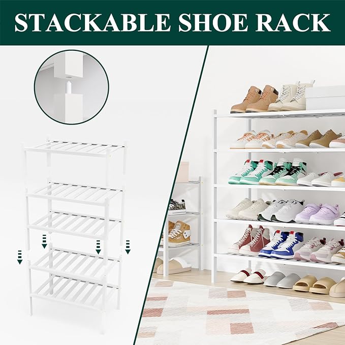 Smiry Shoe Rack, 4 Tier Long Bamboo Shoe Organizer, Stackable Free Standing Wooden Shoe Storage Shelf for Closet, Entryway, Front Door Entrance, White