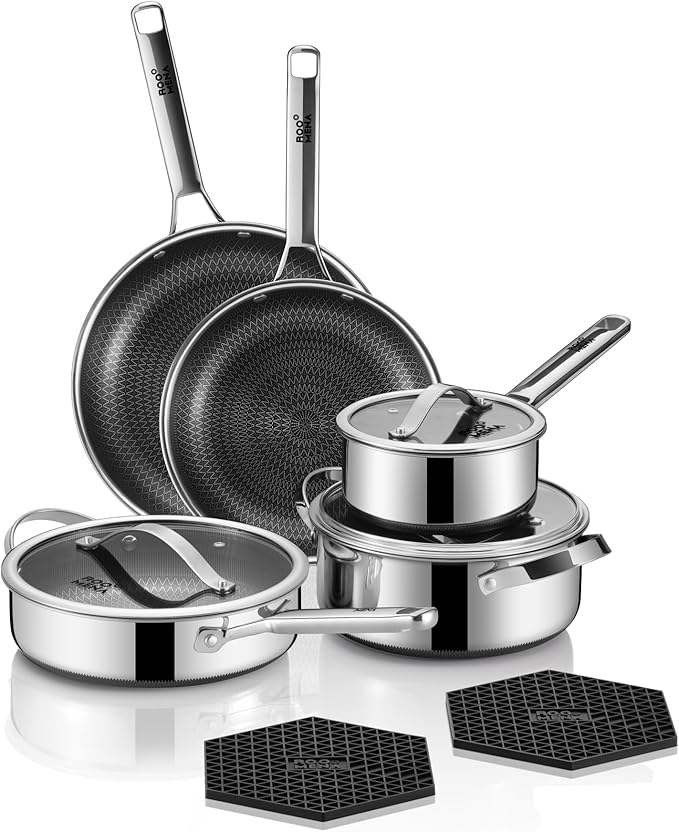 Pots and Pans Set Hybrid Stainless Steel, 17PC Nonstick Cookware Set