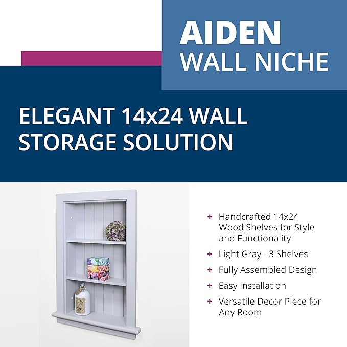 Fox Hollow Furnishings 14x24 Aiden Recessed Wall Niche Medicine Cabinet Replacement, in The Wall Bathroom Cabinet Insert Shelf/Shelves, Made in North America, Real Wood, NO MDF, Beadboard, Light Gray