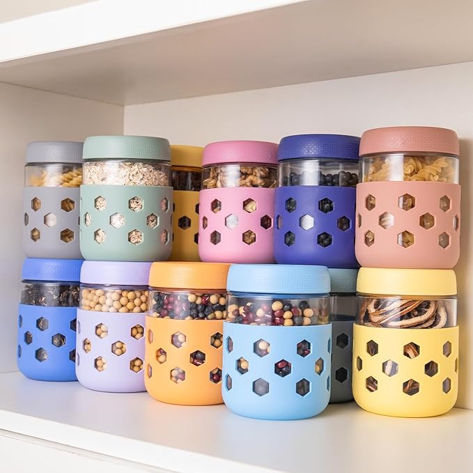 Gemice 6-Pack 16oz Glass Mason Jars with Silicone Sleeves, Airtight BPA-Free Overnight Oats Containers with Lids, Dishwasher Safe Leak-Proof Meal Prep Jars for Chia Pudding, Yogurt, Snacks