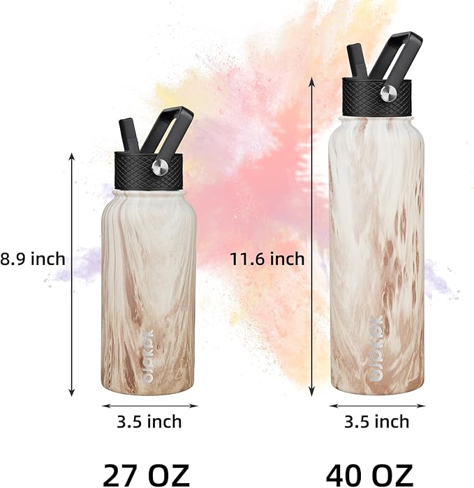 BJPKPK Insulated Water Bottles with Straw Lid, 40oz Stainless Steel Water Bottles with 3 Lids, BPA Free Leakproof Thermo, Tumblers, Cups for Sports-Wood Yellow Gray