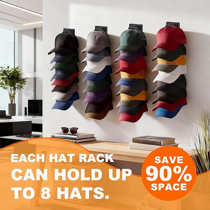 2 Pack Hat Organizer for Baseball Caps, Hat Rack for Wall Hold Up 16 Hats, Strong Adhesive & Screw-in Cap Holder hat hangers for Closet Door & Bedroom