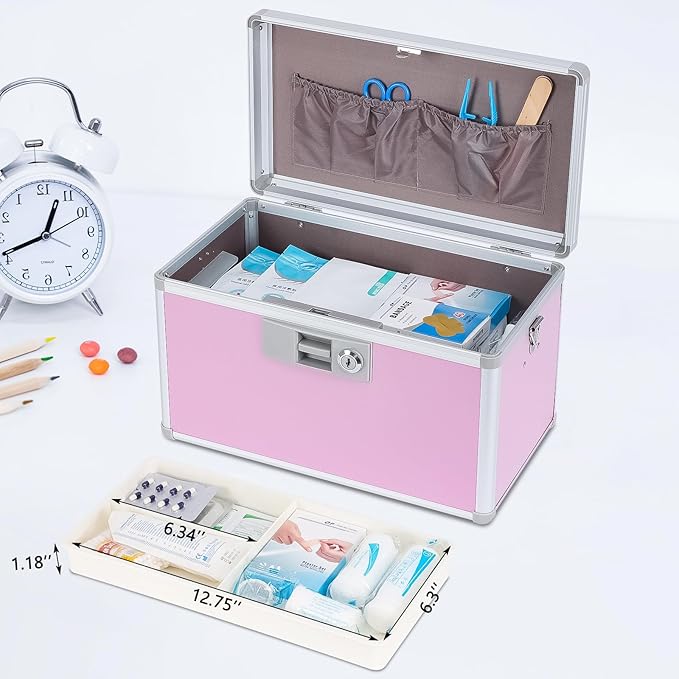 14" Medicine Lock Box, First Aid Safe Medication Storage Box,Aluminum Daily Medicine Cabinet,Key Medication Locking Storage Box for Family Use,14" x 7.9" x 8.7", Pink