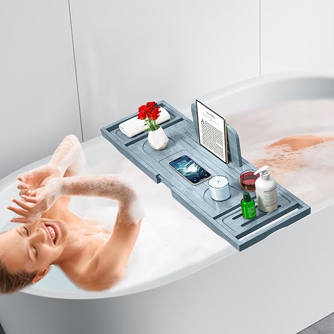 Bathtub Tray Caddy - Bath Tray - Bath Tub Tray Caddy - Bamboo Bath Tray for Tub - Expandable Size, Fits Most Tubs