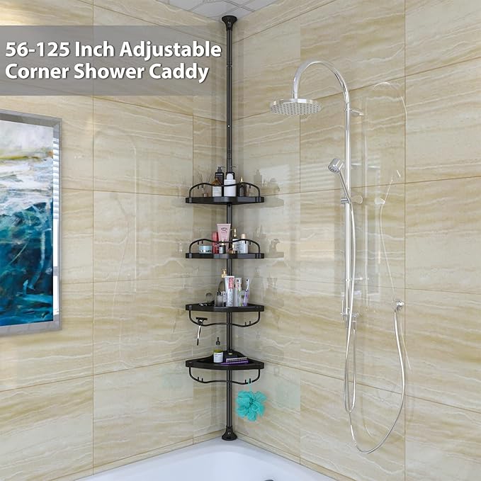 Shower Caddy,Shower Caddy Tension Pole with 4 ABS Baskets,Shower Storage Shelf with 56 to 125 Inch Adjustable Stainless Pole for Bathroom Black