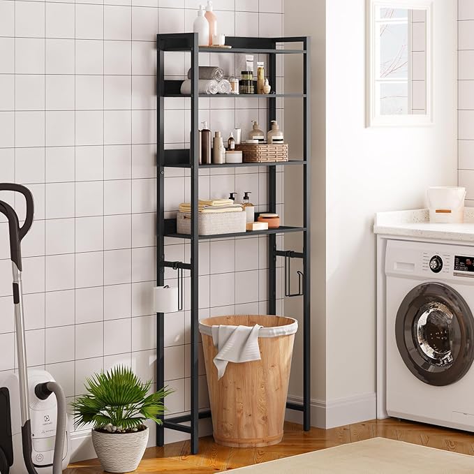 Over The Toilet Storage Rack, 4 Tier Bathroom Organizer Over Toilet, Freestanding Space Saver Toilet Stand with 2 Hooks, Bathroom Storage Shelf, Easy to Assemble, Black TSHB0401