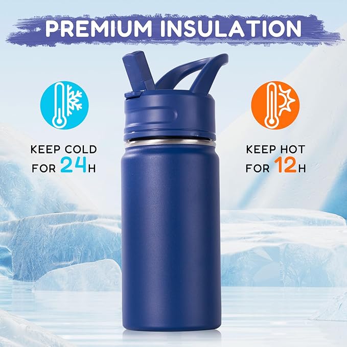 12oz Kids Water Bottle for School, Toddler Bottles with Straws, Stainless Steel Vacuum Insulated Water Bottle for Boys&Girls, Leak-Proof, BPA-Free, Blue + Green