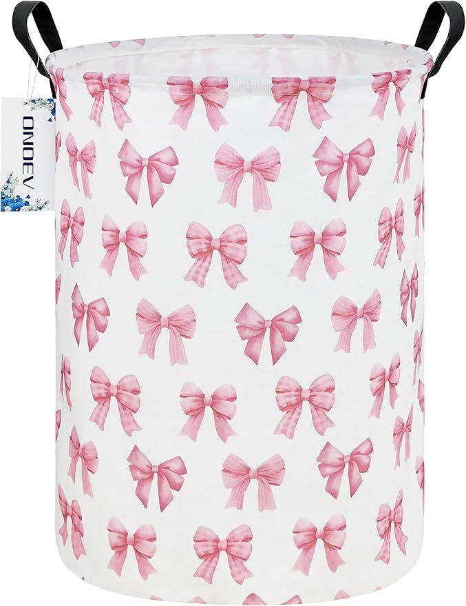 Round Foldable Girls' Storage Basket Kids Laundry Hamper Pink Gift Basket Suitable For Home Decoration Office and Toy Storage(Pink Knot)