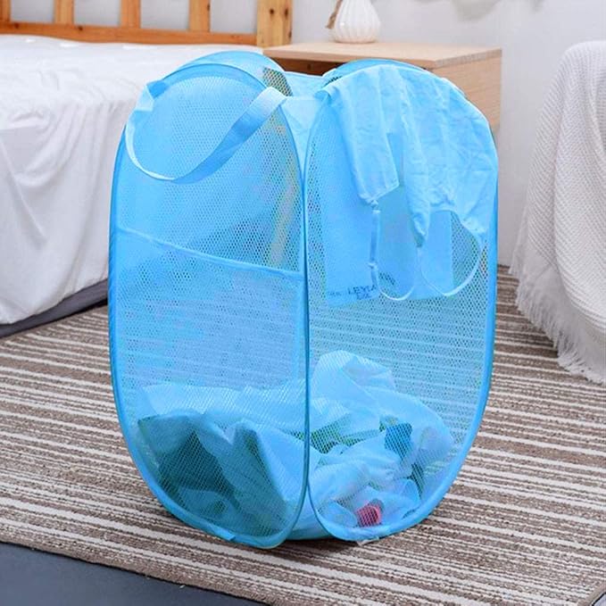Larpur Pop up Laundry Hamper, Collapsible Laundry Basket, Portable Mesh Clothes Hamper for Home Room, College Dorm, Apartment, Foldable Hamper with Carry Handles, Sky Blue