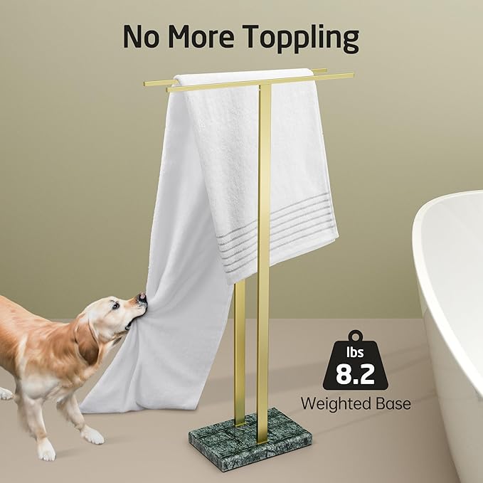 KES Standing Towel Rack with Green Natural Marble Base, 37" Equal-Height Bath Towel Holder Stand for Bathroom Floor, Fits Large Bath Towel, 18/8 Stainless Steel Brushed Gold, BTH229-GBZ