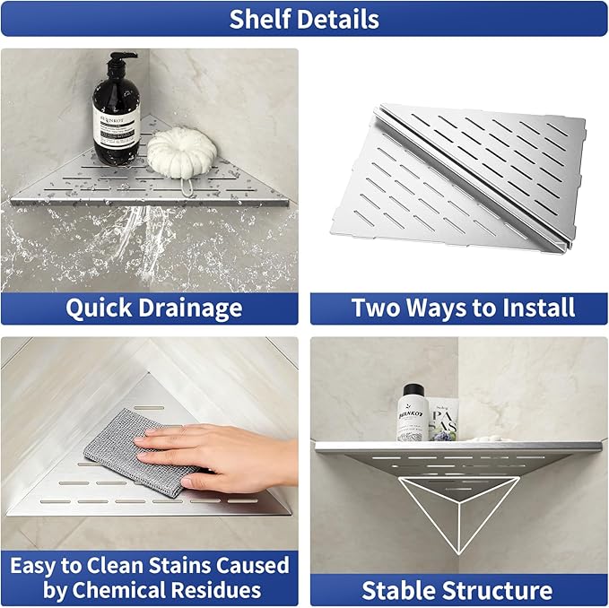 Corner Shower Shelf, 12" Brushed 304 Stainless Steel Slot Design Recessed Corner Shelves 2 Pack Bathroom Grout in Shelf for Tiled Wall, Large Size