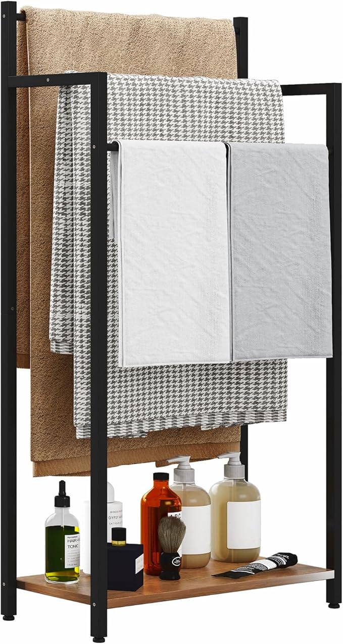 Freestanding Towel Rack, 3 Tier Blanket Ladder Stand with Rustic Brown Wooden Shelf for Bathroom Living Room (31.5”H x 16.9”W x7.9”D)