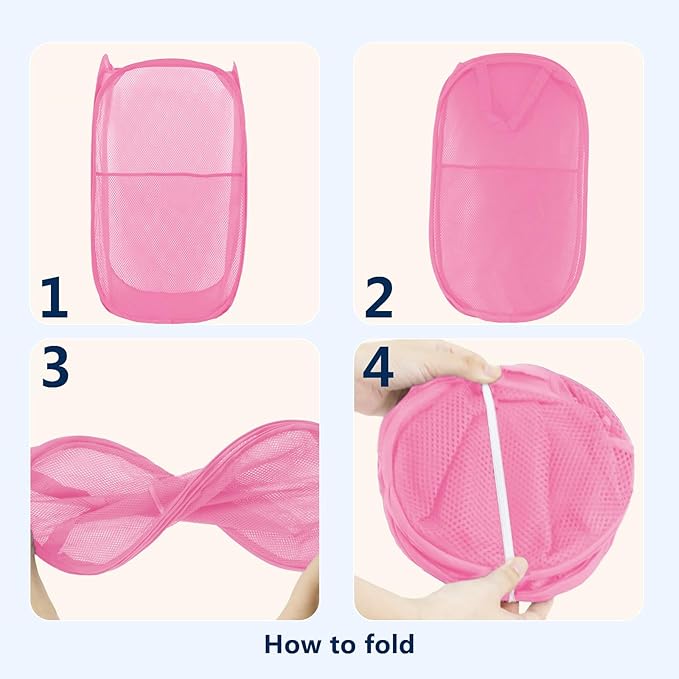 Pop Up Laundry Hamper, Mesh Laundry Basket Collapsible, Foldable Hamper for Travel and Storage (Pink)