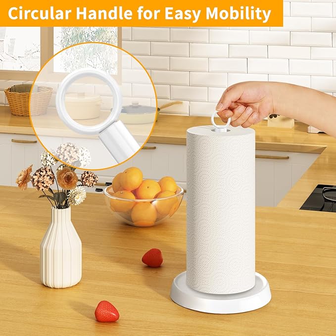 White Paper Towel Holder Countertop, White Kitchen Accessories Decor, Stainless Steel, Paper Towel Holder Stand for Bathroom Farmhouse Essentials, Weighted Base, Anti-Slip